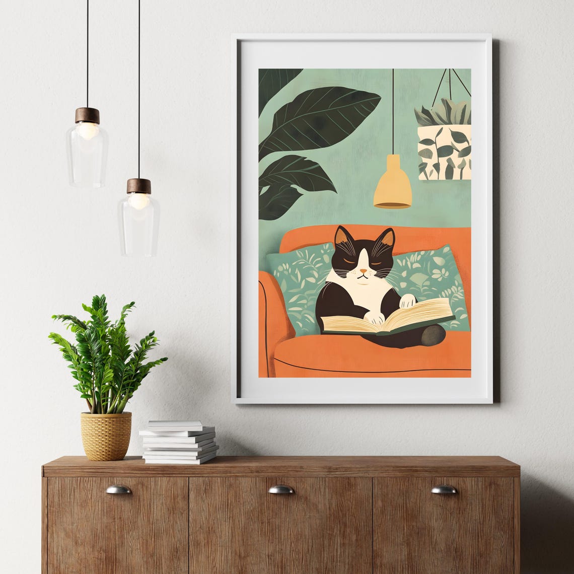 Cat Reading Book on Orange Couch Cozy Home Animal Nursery Art Poster - Image 6