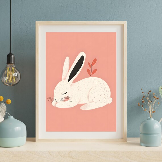 Cute Sleeping White Bunny on a Pink Background Nursery Poster