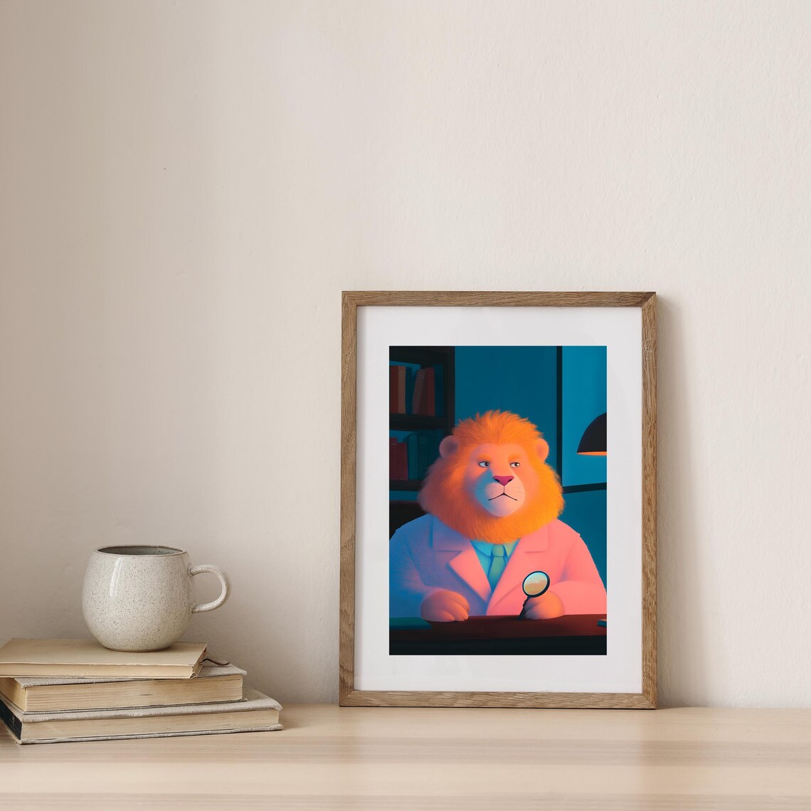 Scholarly Lion in Lab Coat with Magnifying Glass at Desk Poster - Image 3