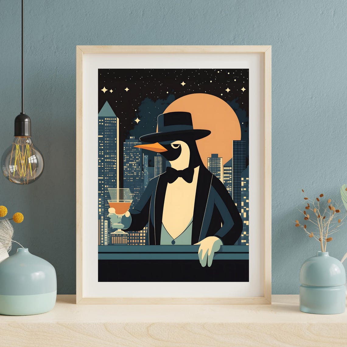 Debonair Penguin in Fedora Holding Cocktail at Night City Poster - Image 5
