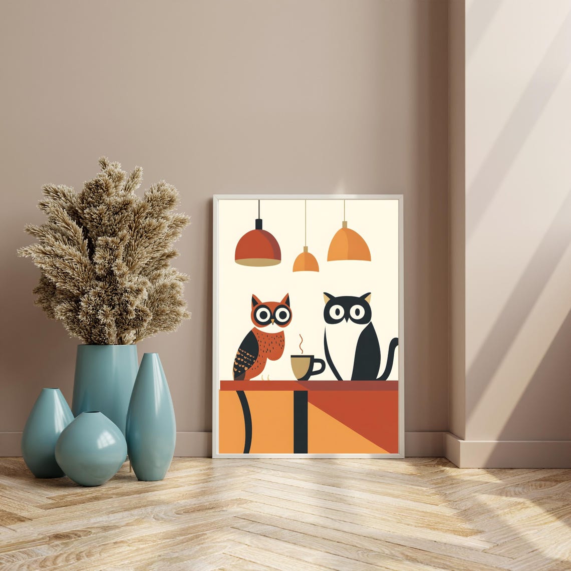 Owl and Cat Sharing Coffee at Mid Century Modern Cafe Poster - Image 7