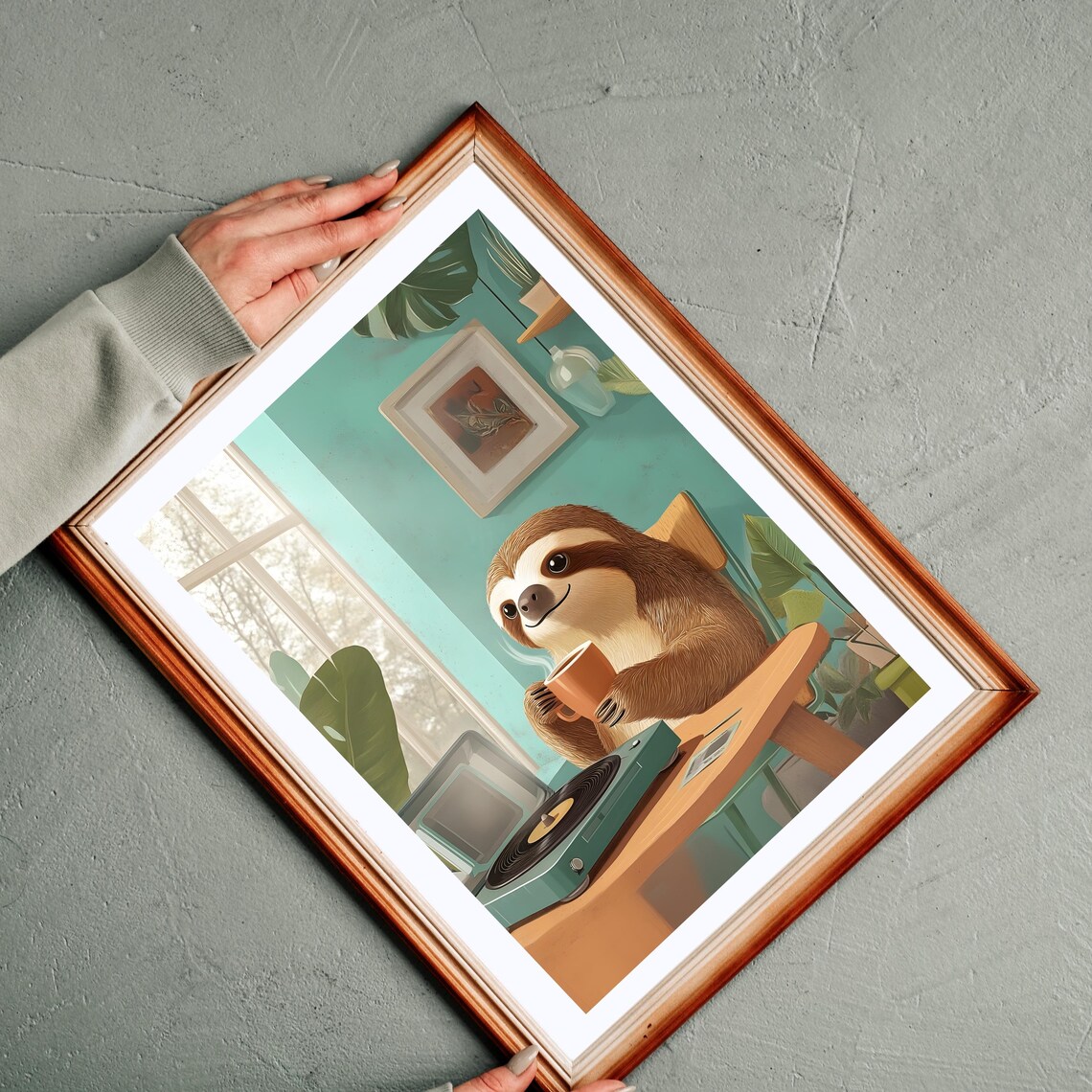 Smiling Sloth Drinking Hot Coffee Beside a Vintage Mint Record Player Poster - Image 5