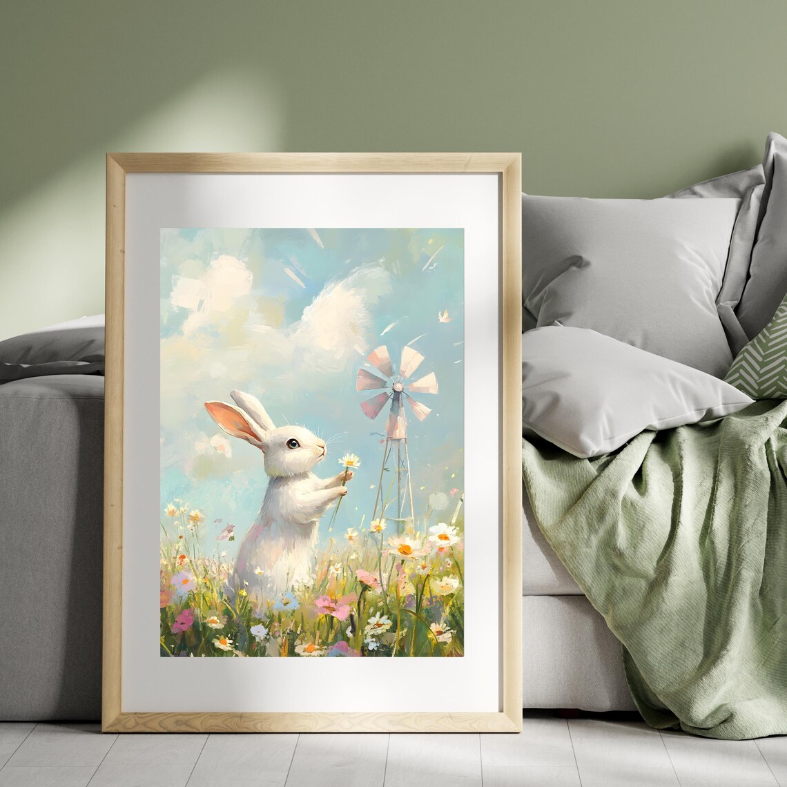 Playful White Bunny Holding a Daisy in a Blooming Spring Flower Meadow Poster - Image 8