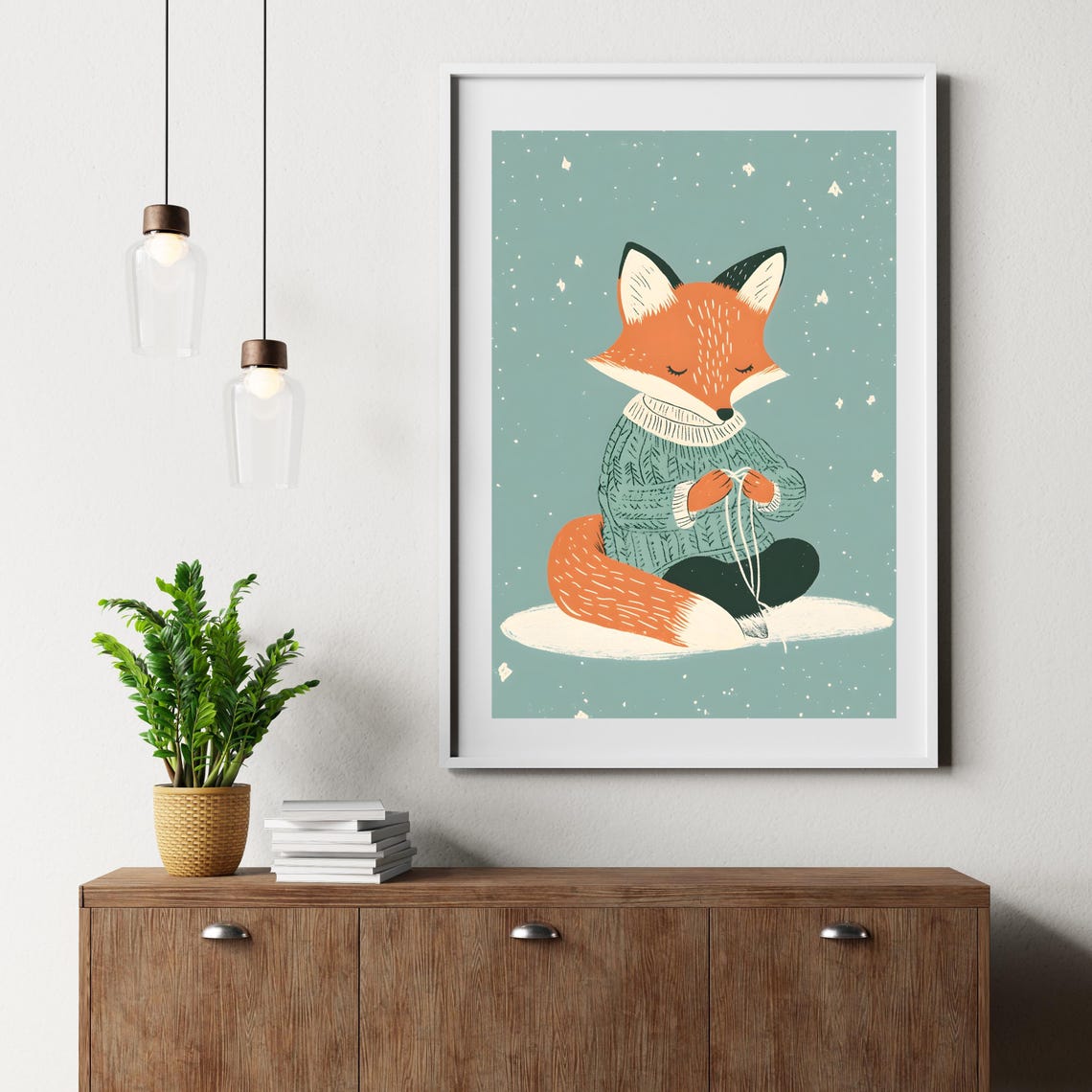 Fox Knitting in Sweater Winter Snowfall Cozy Animal Nursery Art Poster - Image 7