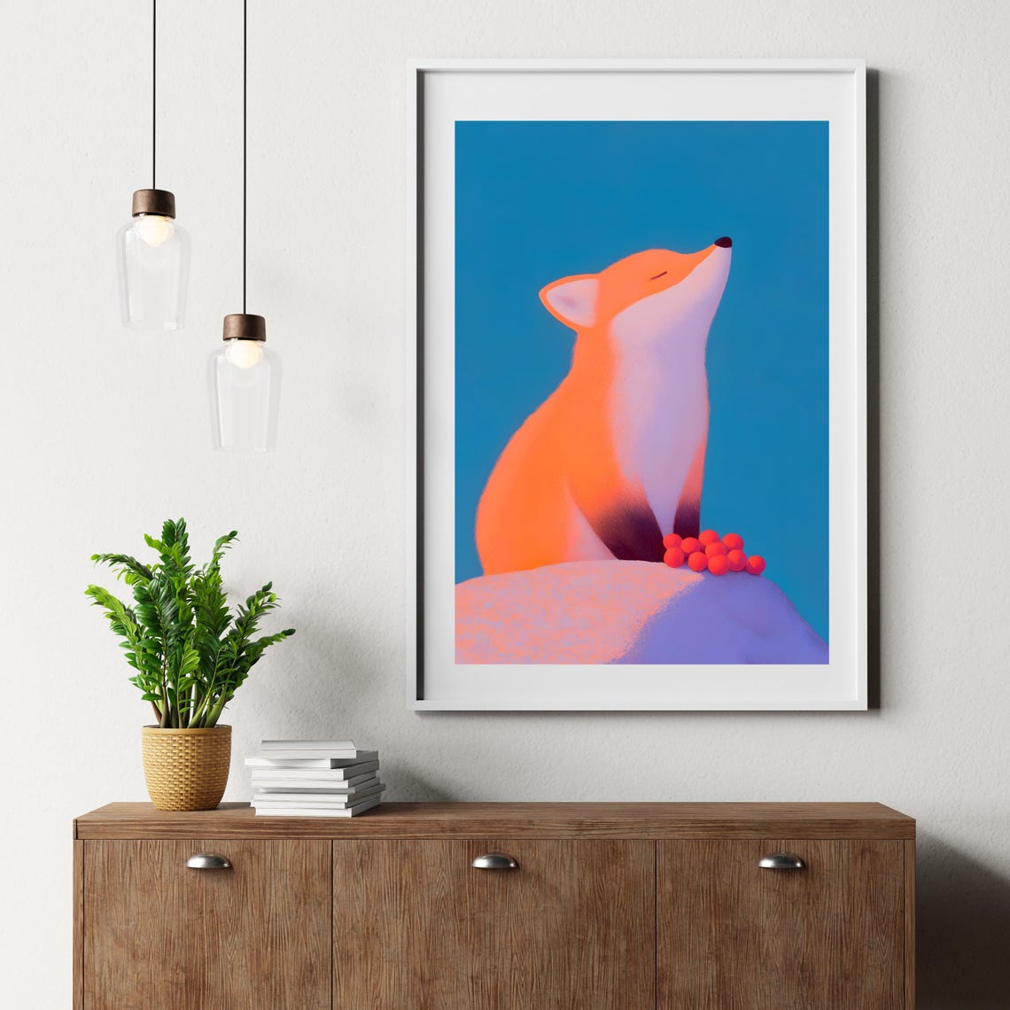 Tranquil Orange Fox Looking Up With Red Berries Blue Sky Poster - Image 2