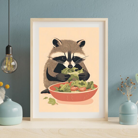 Cute Raccoon Enjoying a Fresh Green Salad Bowl with Tomatoes Poster
