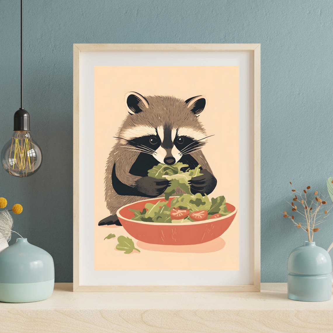Cute Raccoon Enjoying a Fresh Green Salad Bowl with Tomatoes Poster