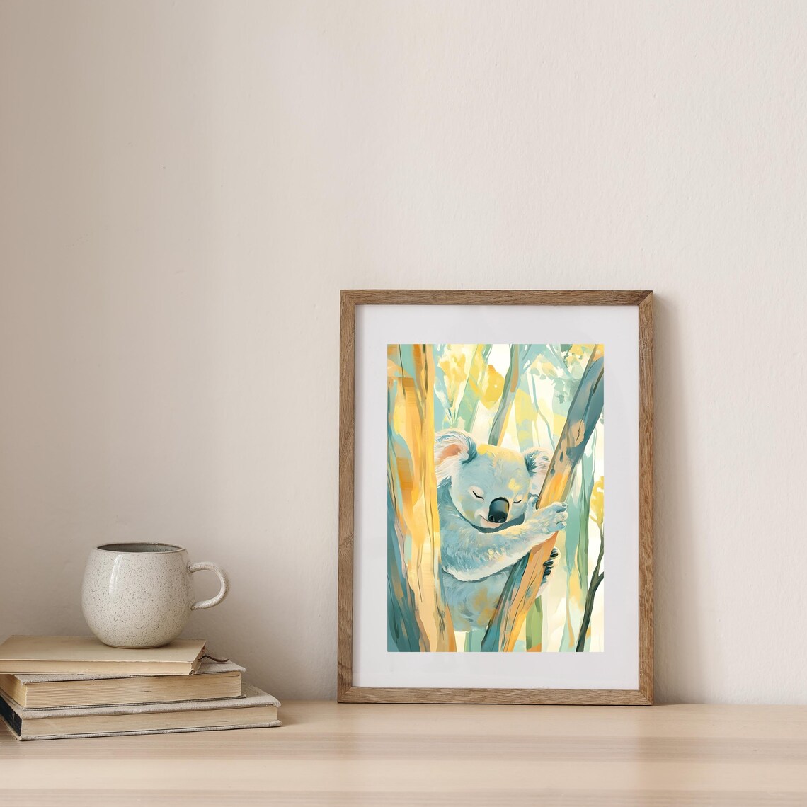 Sleepy Koala Hugging a Sunlit Eucalyptus Trunk in a Soft Painted Forest Poster - Image 6