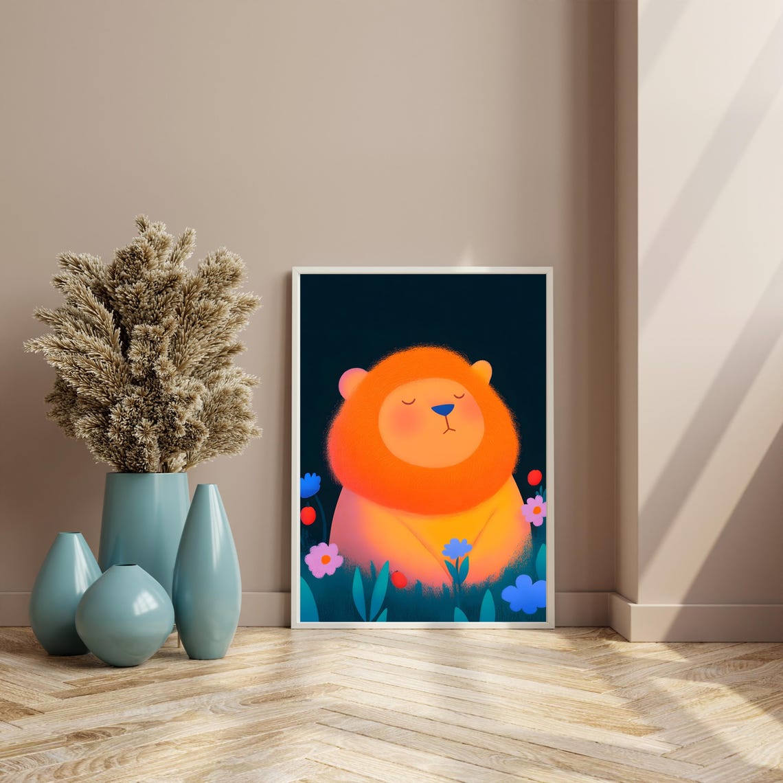 Sleeping Orange Lion Resting Among Flowers on Dark Teal Poster - Image 2