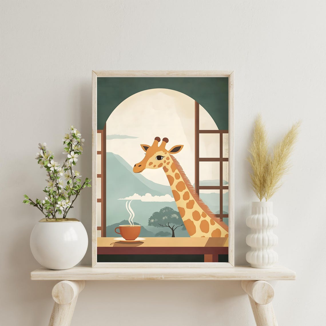 Giraffe Peeking Through A Window At A Steaming Cup Of Coffee Poster - Image 4