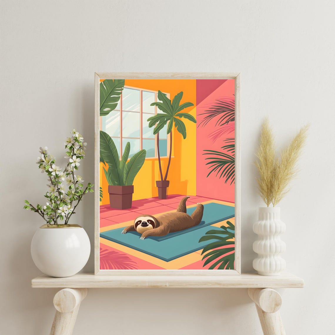 Sloth Doing Yoga on a Blue Mat in a Colorful Tropical Room Poster - Image 4