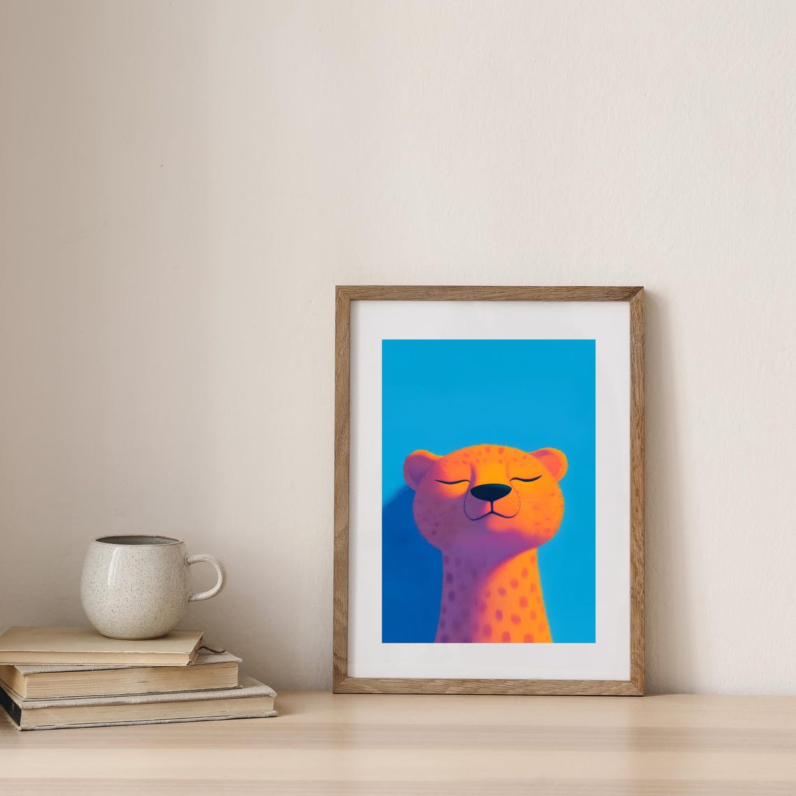 Happy Orange Cheetah Face With Closed Eyes Blue Background Poster - Image 3