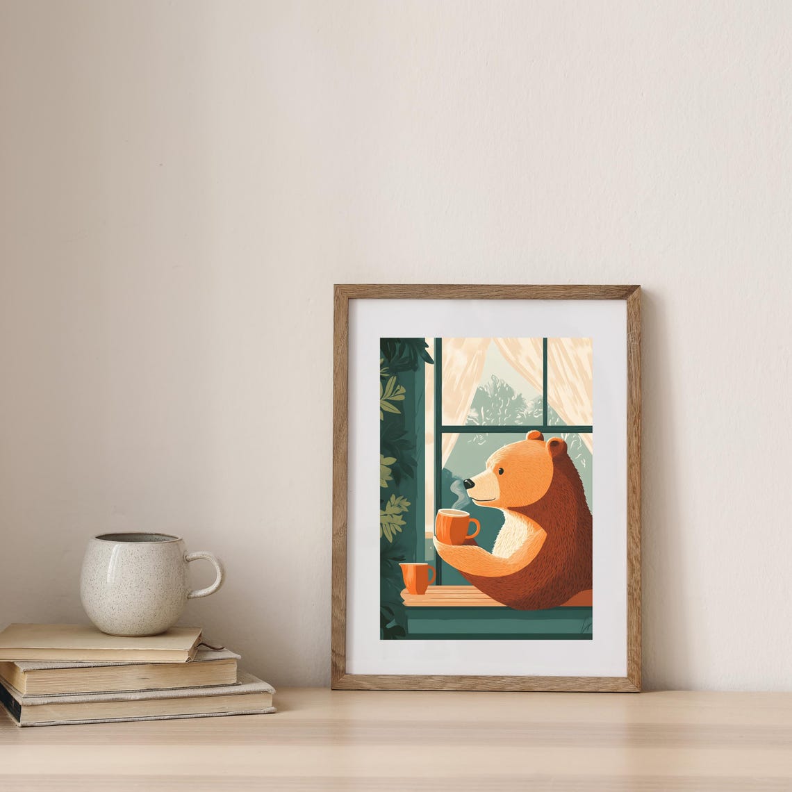 Cozy Brown Bear Drinking Coffee by a Sunny Forest Window Poster - Image 6