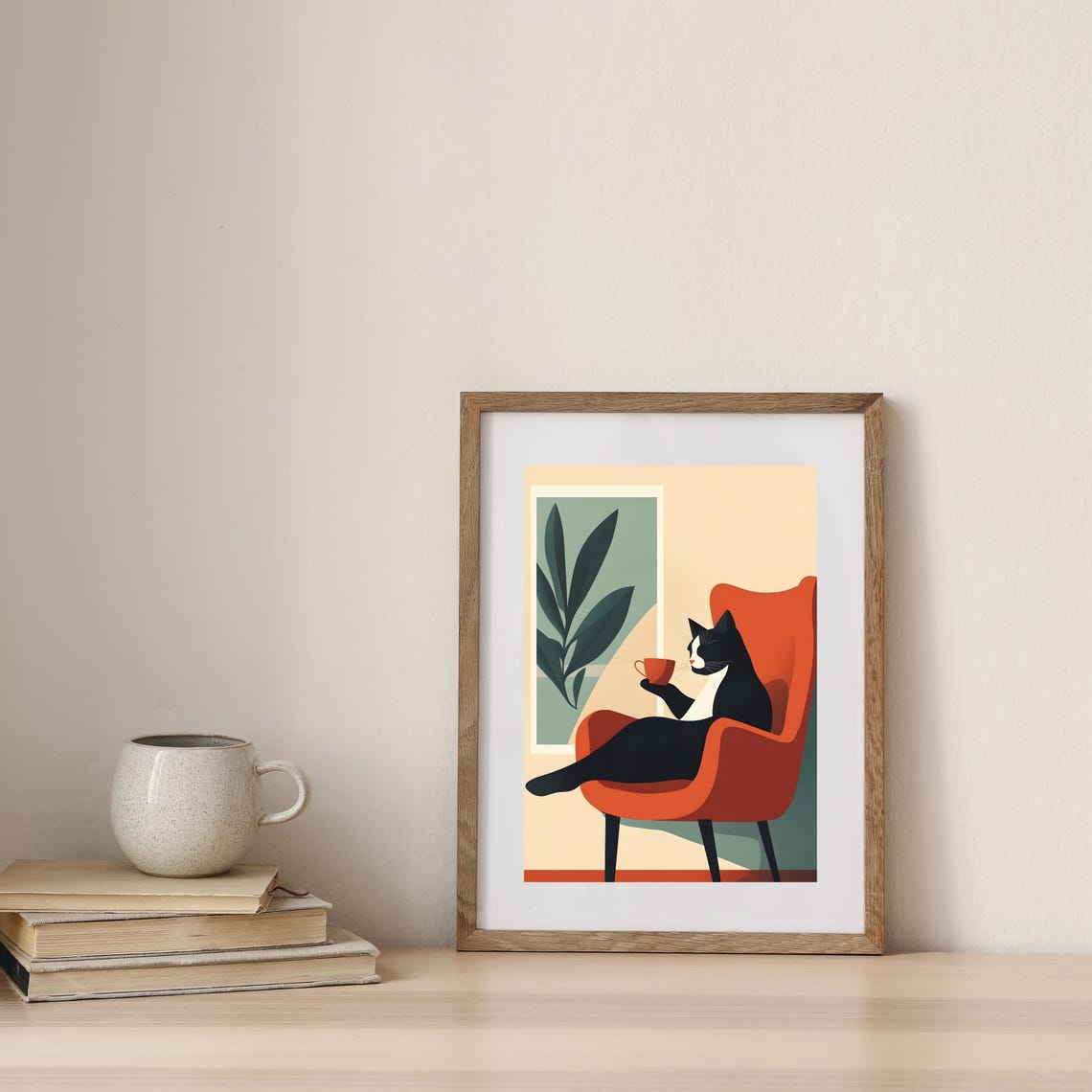 Black and White Cat Sipping Coffee in Orange Armchair Poster - Image 7