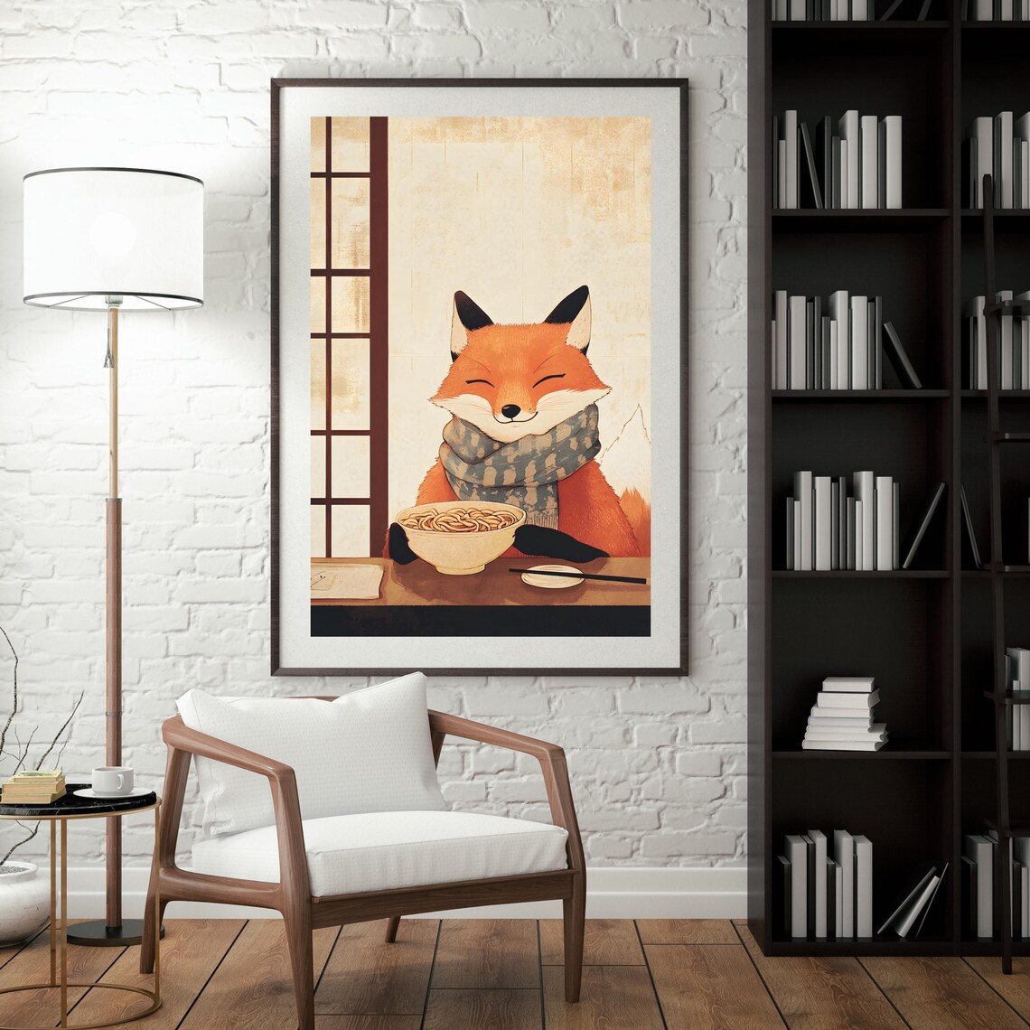 Happy Red Fox in a Patterned Scarf Savoring a Steaming Noodle Bowl Poster - Image 4