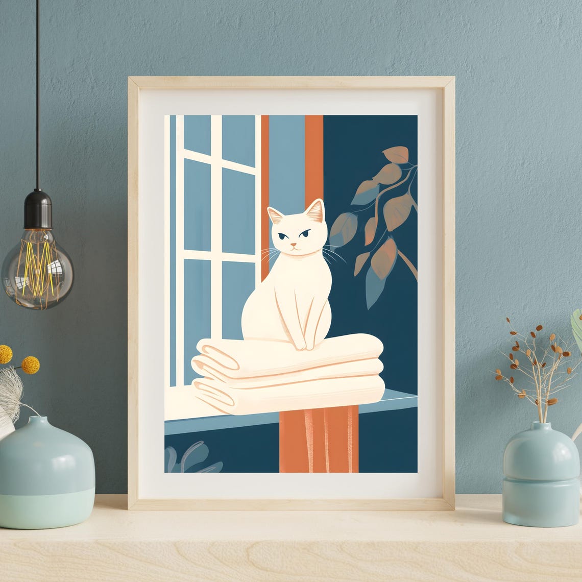 White Cat Sitting On Towels By A Window Mid Century Style Print