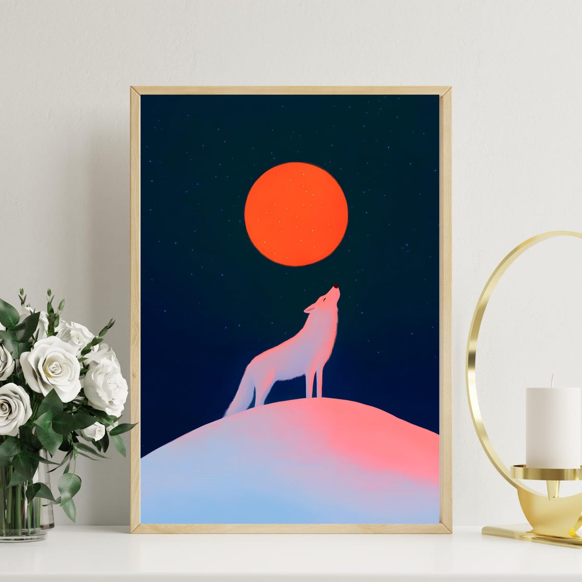 White Wolf Howling At Giant Red Moon Starry Night Sky Art Poster