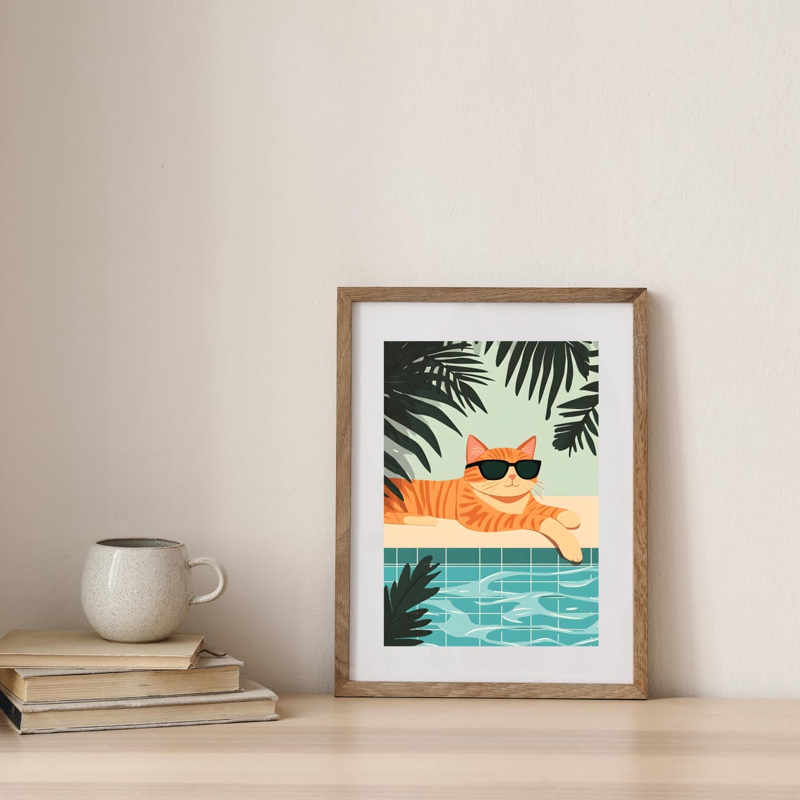Orange Cat With Sunglasses Lounging by a Tropical Tiled Pool Poster - Image 7