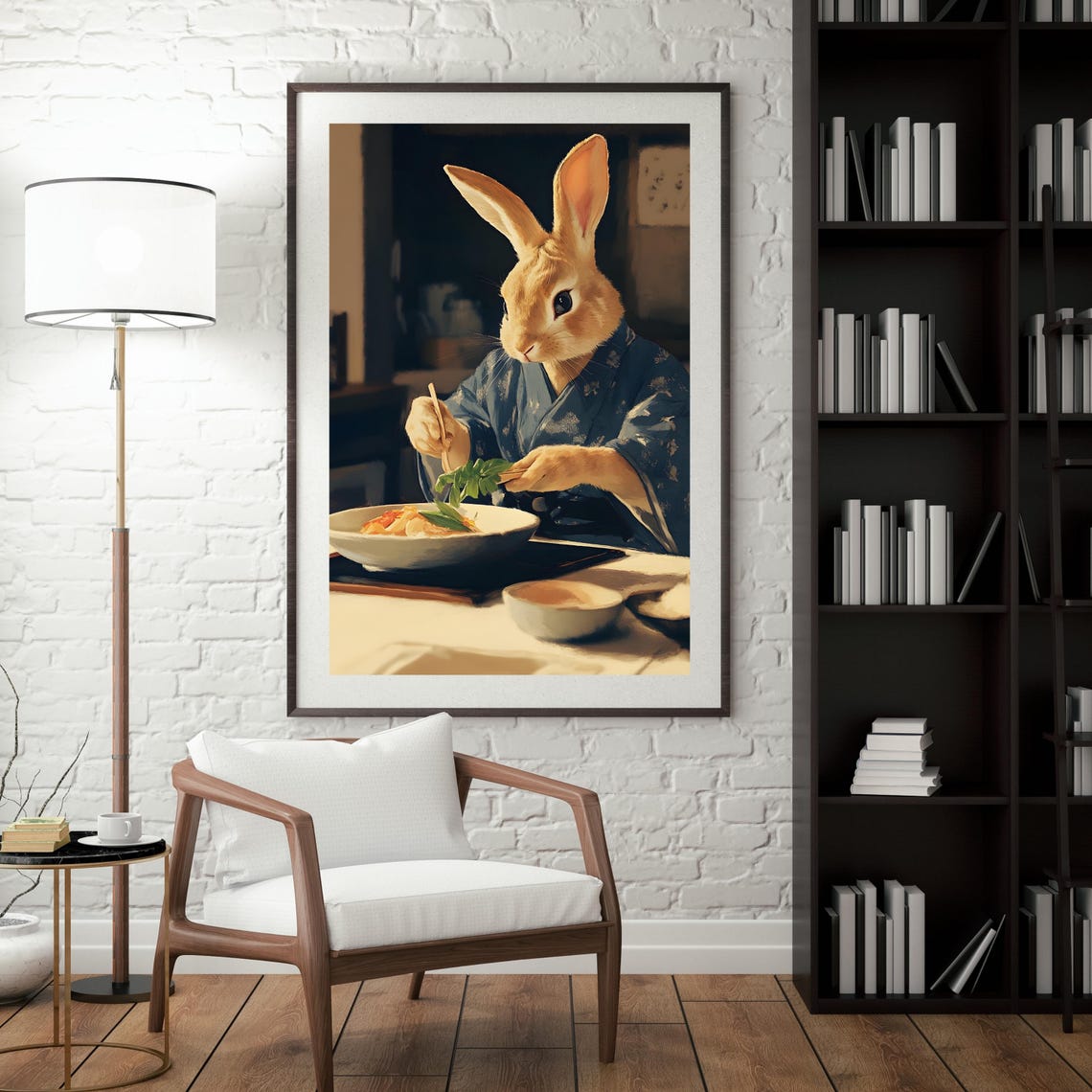 Gentle Tan Rabbit in Blue Kimono Eating with Chopsticks Poster - Image 3