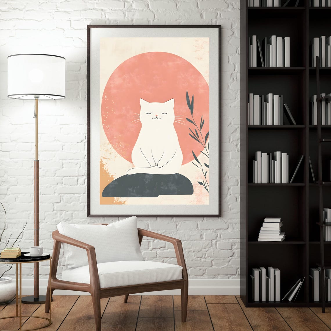 Zen White Cat Under A Pink Sun Minimalist Japanese Art Poster - Image 3