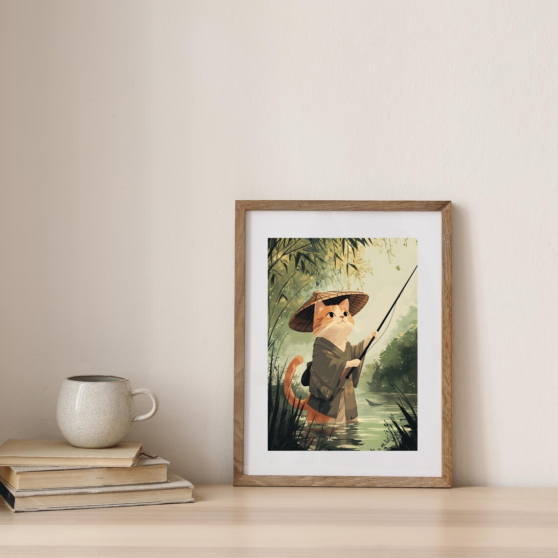 Ginger Cat Fisherman Wearing a Kimono and Straw Hat on a Calm River Poster - Image 7