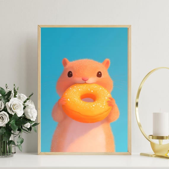 Cute Hamster With Donut Poster Adorable Hamster Wall Art Whimsical Animal Illustration Fun Animal Decor Kawaii Hamster Art