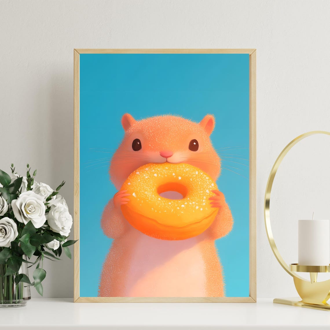 Cute Hamster With Donut Poster Adorable Hamster Wall Art Whimsical Animal Illustration Fun Animal Decor Kawaii Hamster Art