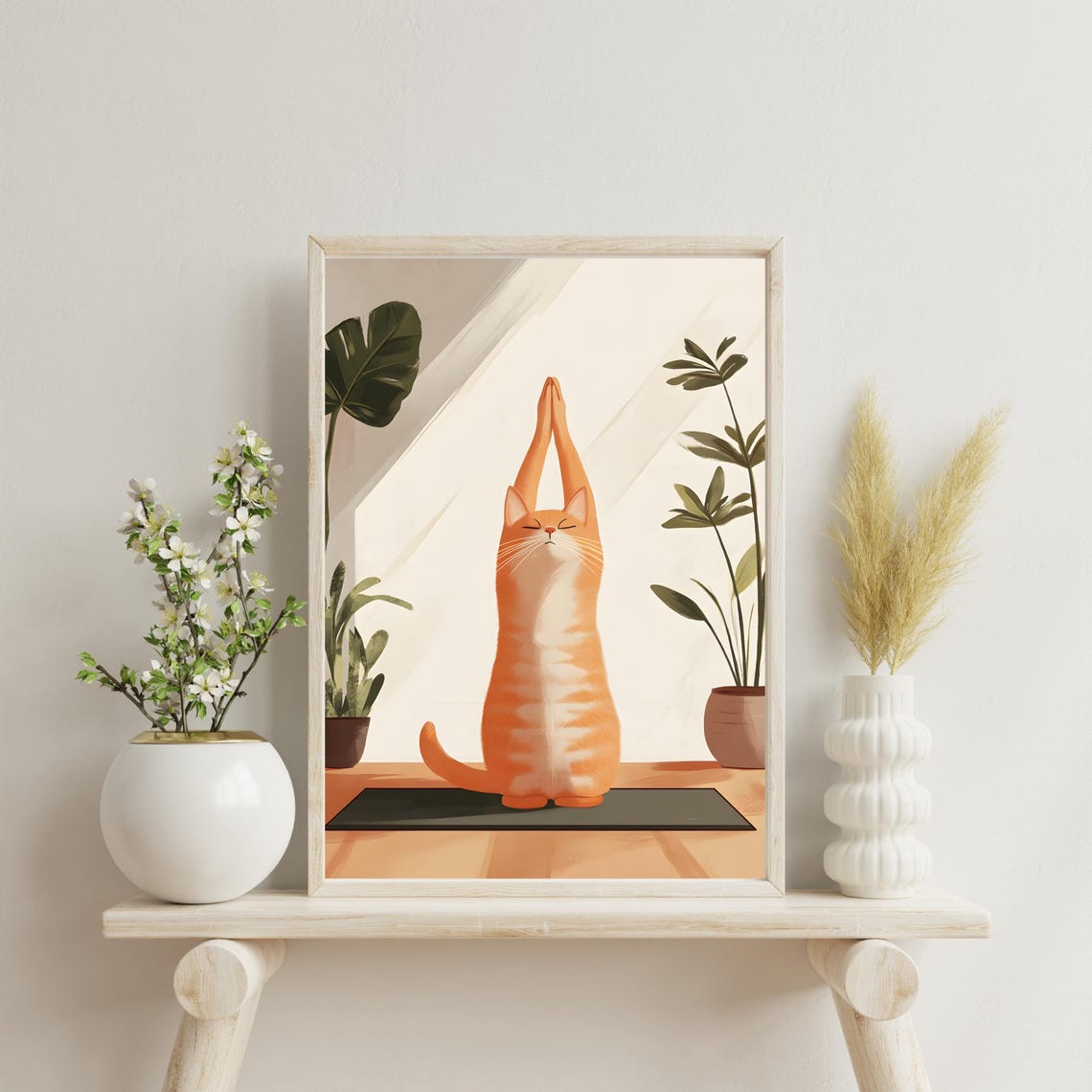 Orange Cat Stretching in Yoga Pose on Mat in Sunlit Room Poster - Image 4
