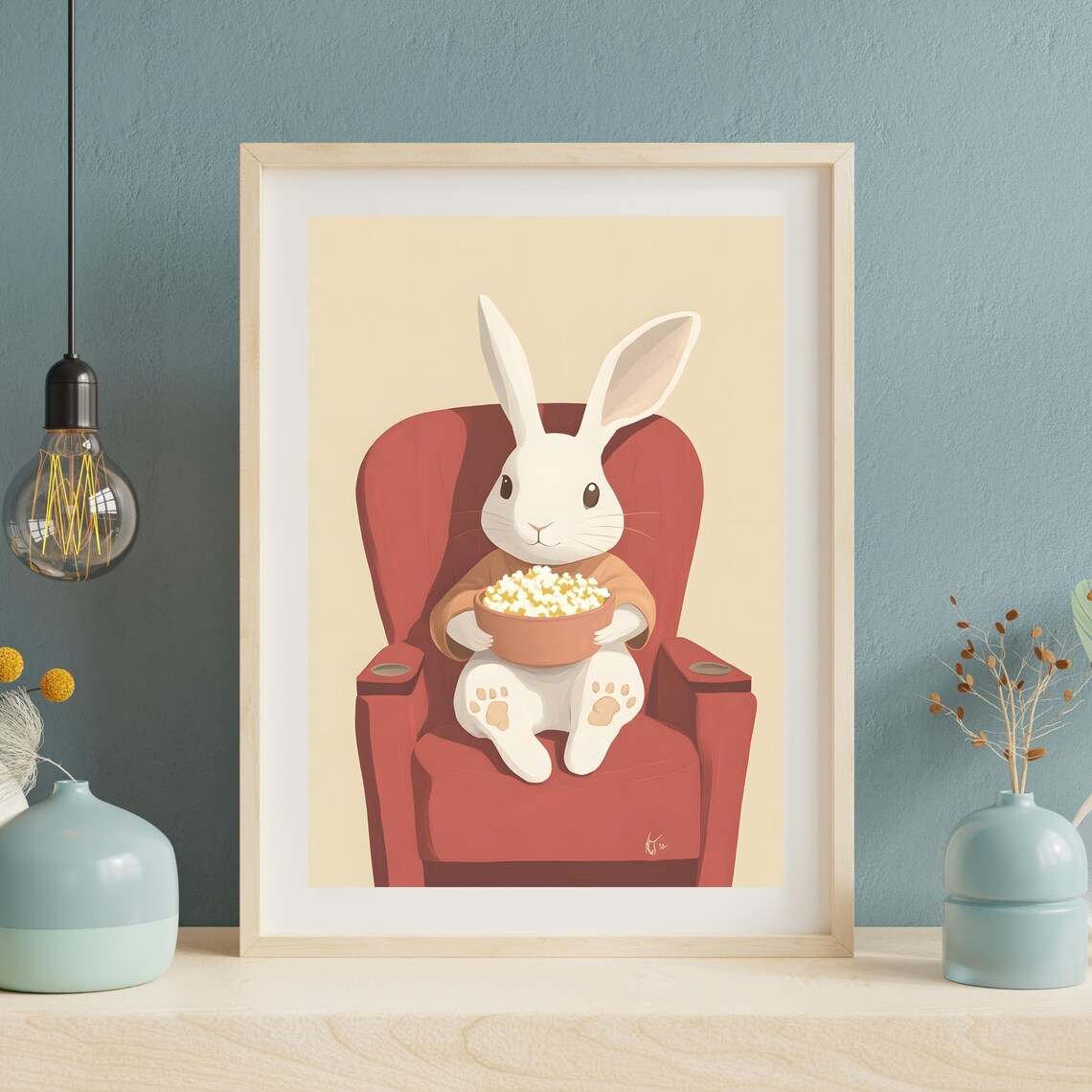 White Bunny Eating Popcorn in Red Armchair Movie Night Poster - Image 3