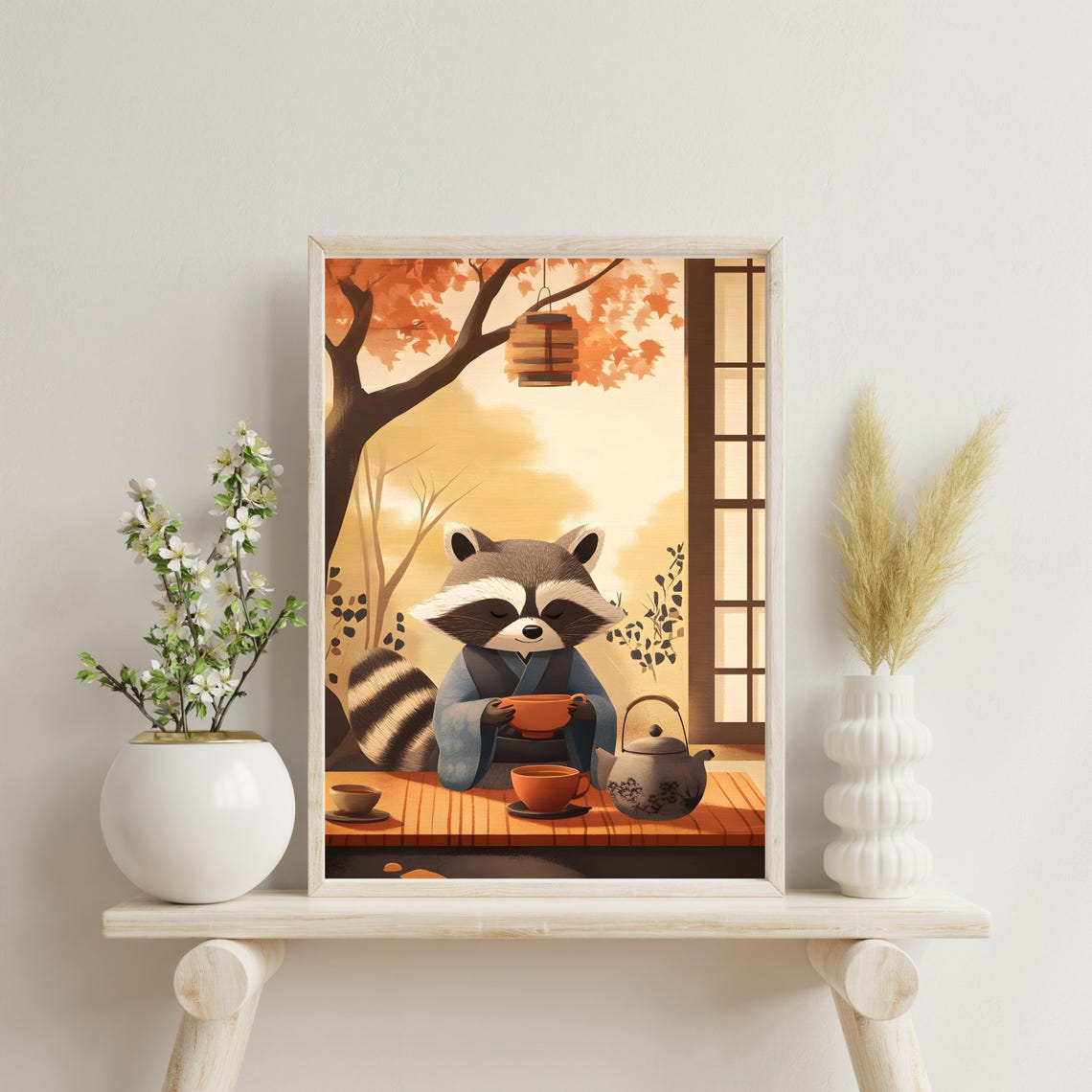 Japanese Tea Ceremony Raccoon in Kimono Autumn Garden Poster - Image 3