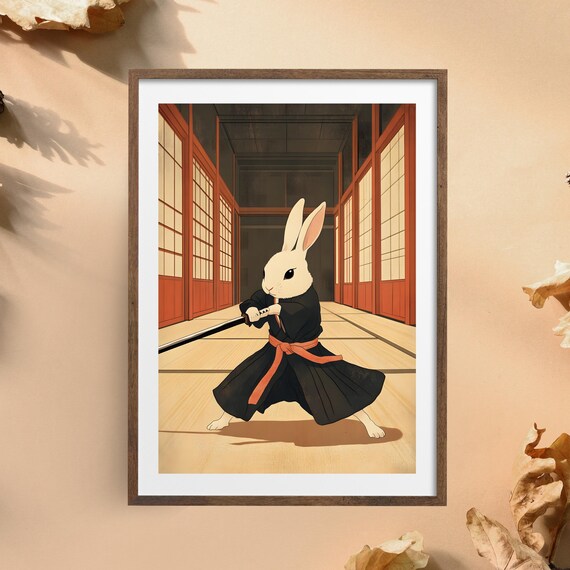 White Rabbit Samurai Wielding Katana in Japanese Dojo Hall Poster