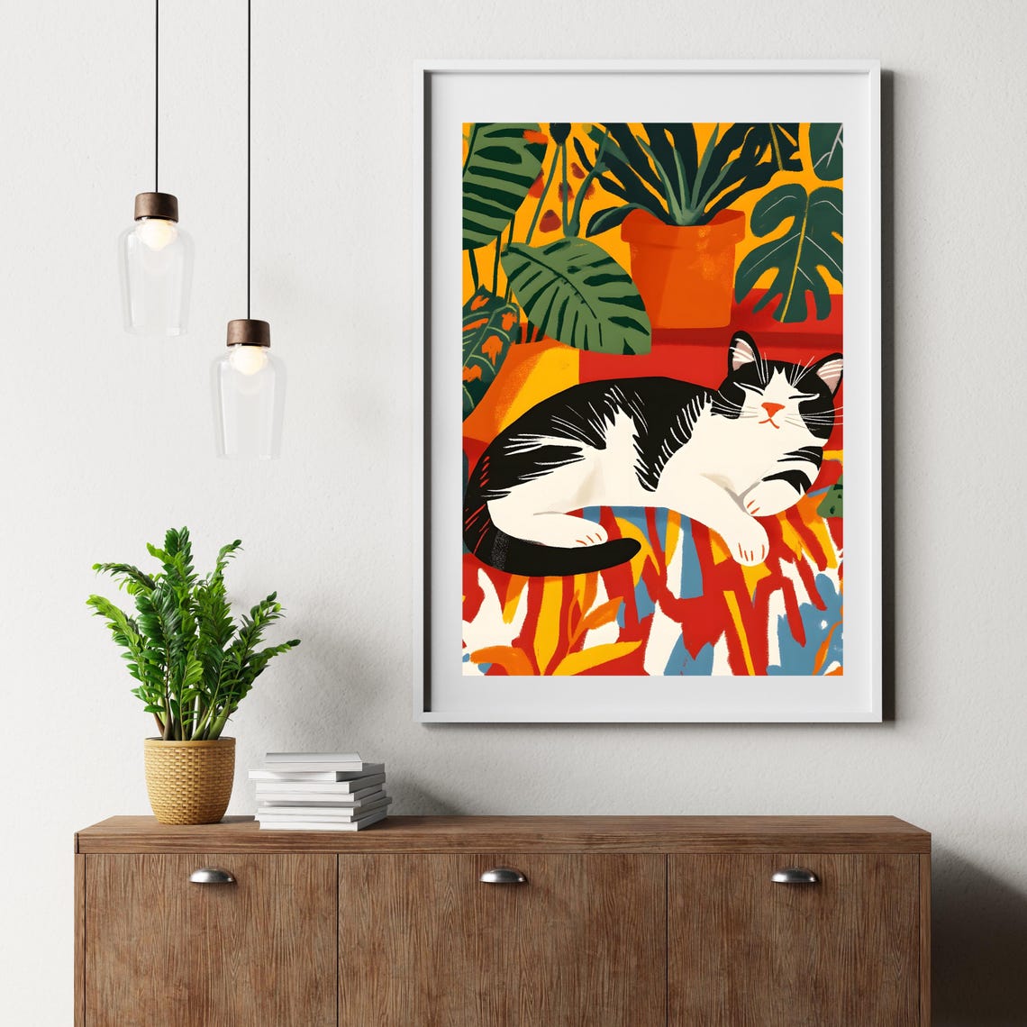 Sleeping Tuxedo Cat on Colorful Rug with Tropical Plants Poster - Image 2