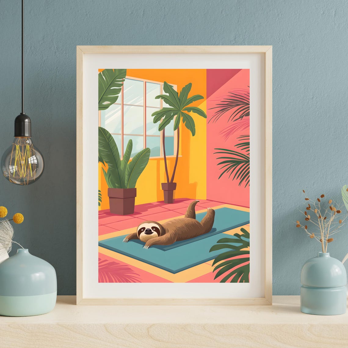Sloth Doing Yoga on a Blue Mat in a Colorful Tropical Room Poster - Image 3