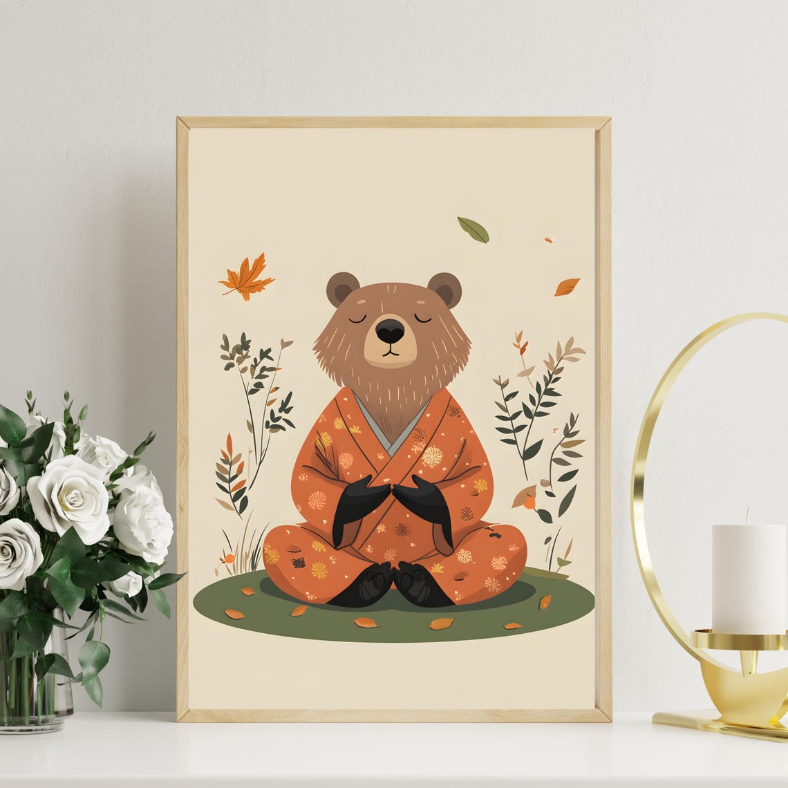 Meditating Bear in an Orange Kimono among Falling Autumn Leaves Poster - Image 2