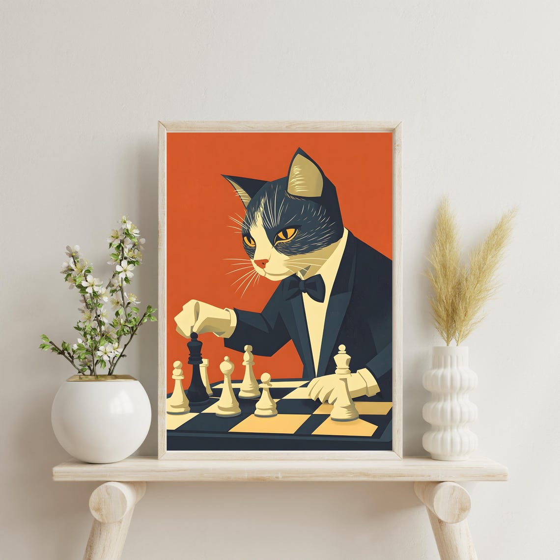 Dapper Cat in Tuxedo Playing Chess on Orange Background Poster - Image 5