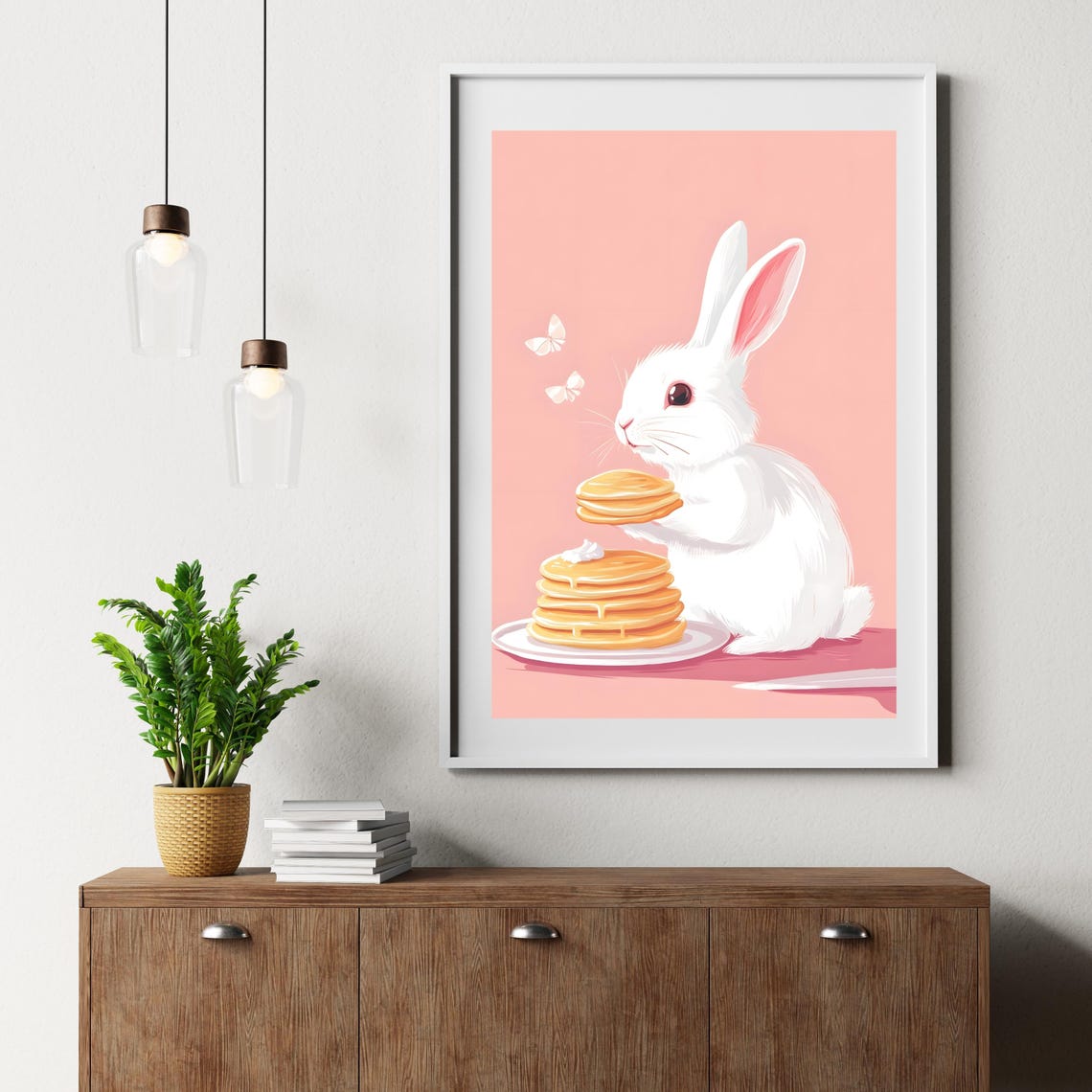 Cute White Rabbit Holding a Tall Stack of Pancakes with Butter Poster - Image 6