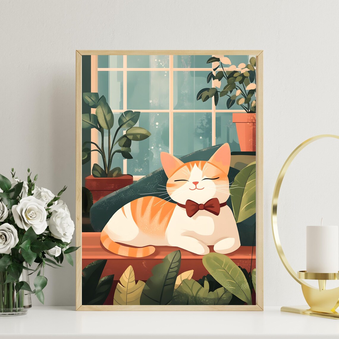 Dapper Orange Tabby Cat in a Red Bow Tie Relaxing by a Sunny Window Poster - Image 8