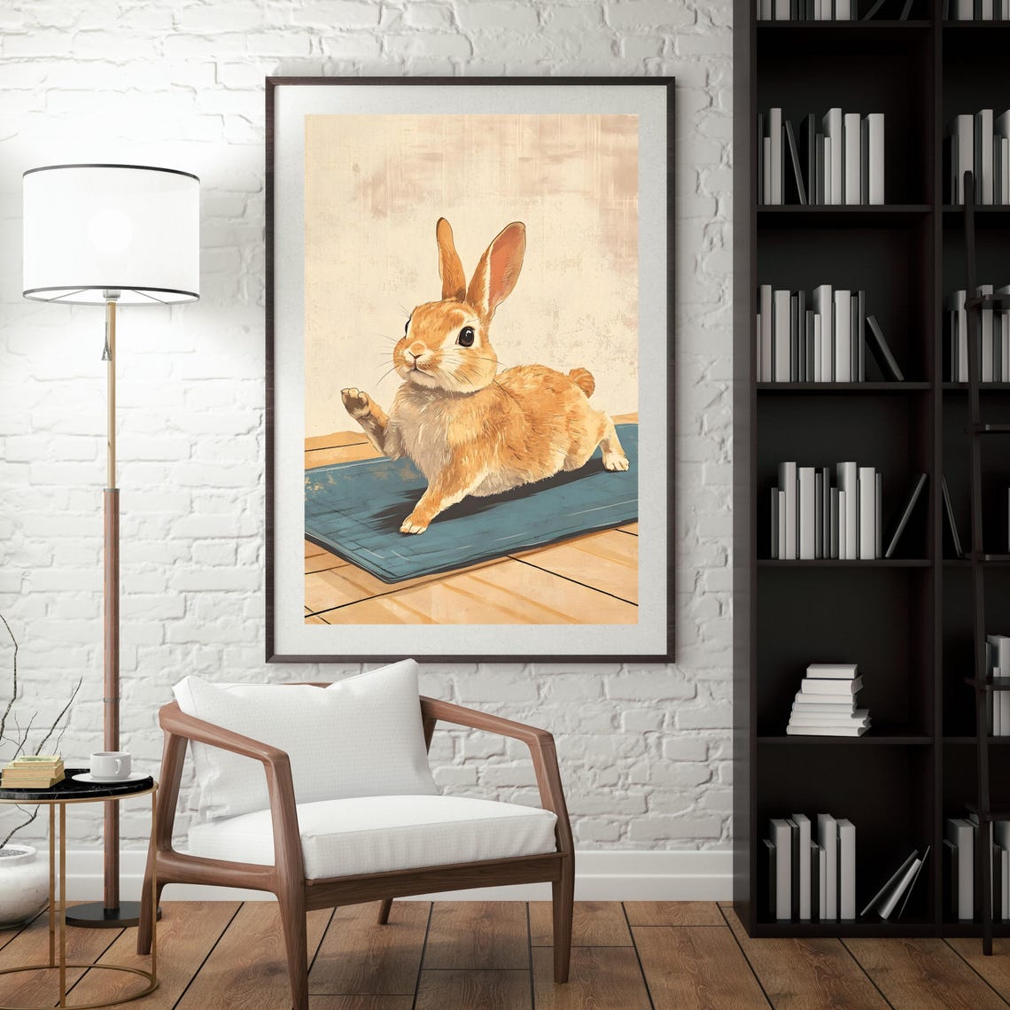 Cute Orange Bunny Doing Yoga Stretch On A Blue Mat Funny Poster - Image 5