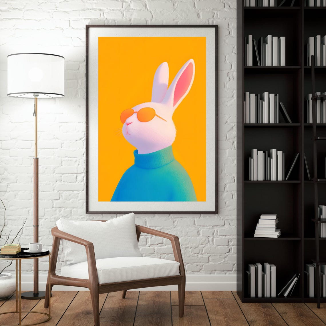 Cool White Rabbit in Orange Sunglasses and Teal Turtleneck Poster - Image 4