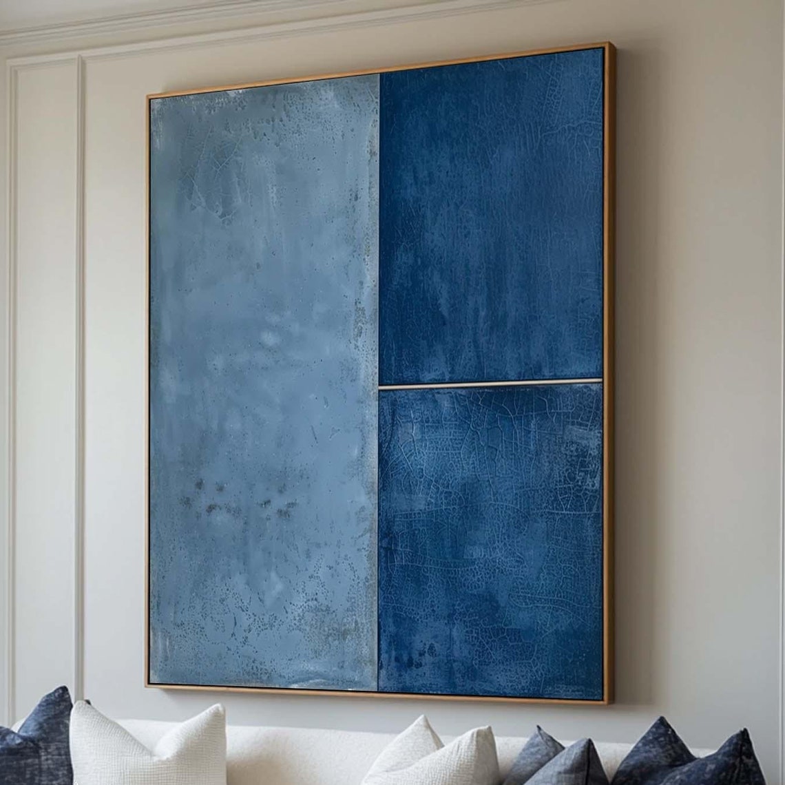 Blue Minimalist Block Abstract Painting Two Tone Navy Texture Wall Art