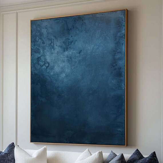 Deep Navy Blue Abstract Texture Painting Dark Midnight Modern Minimalist Wall Art