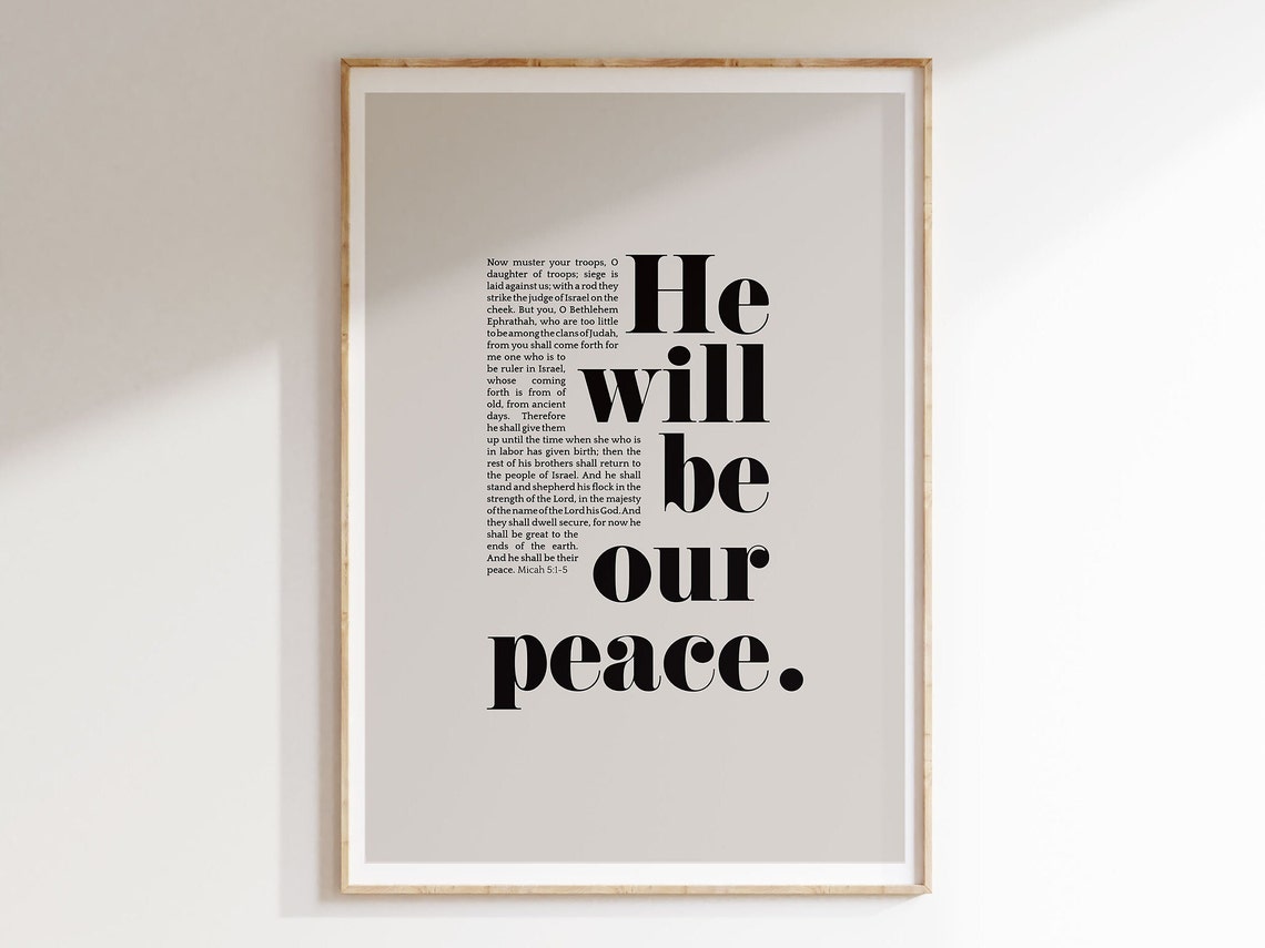 Micah 55 He Will Be Our Peace Christian Bible Verse Modern Scripture Poster Truth For Your Home Baptism Gift