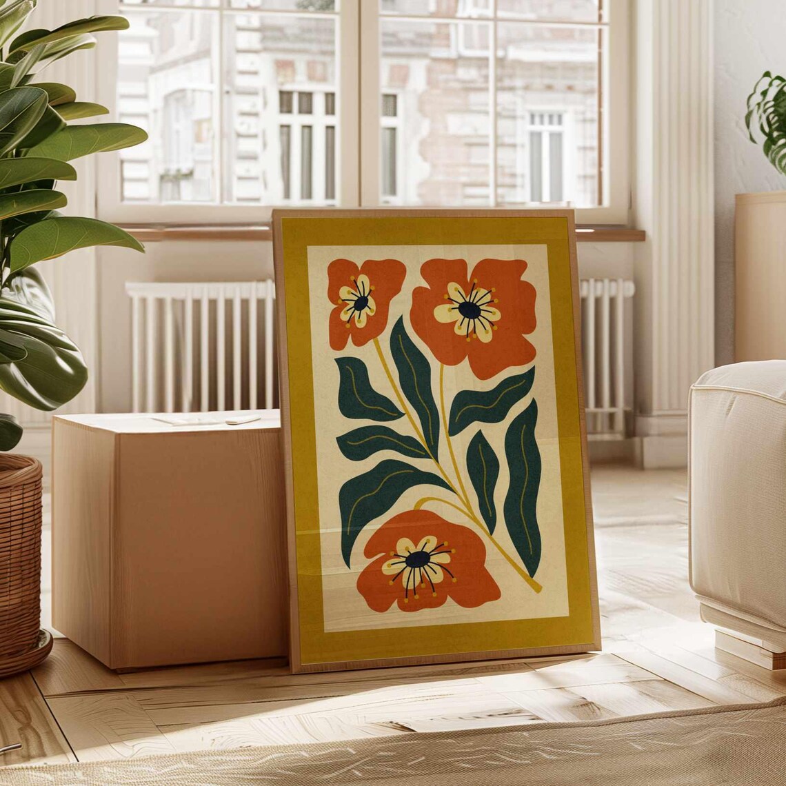 Retro Floral Botanical Print, Mid-Century Boho Style