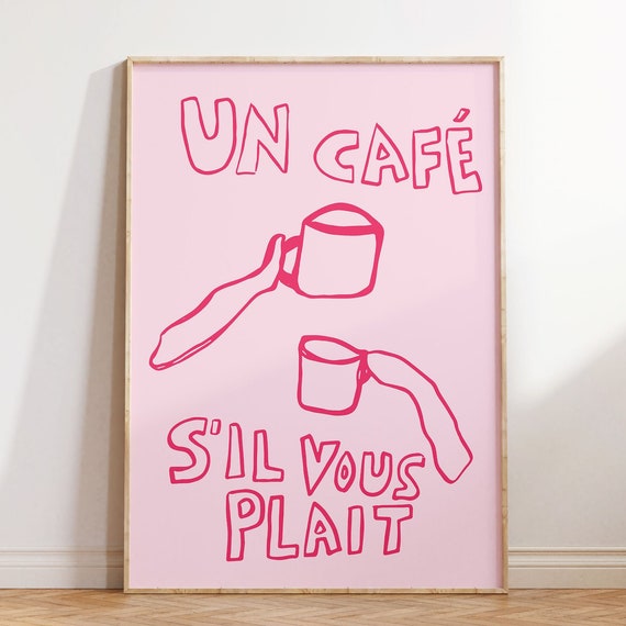Un Caf Wall Art Pink French Coffee Poster Aesthetic Kitchen Decor Minimalist Line Art Trendy Instant