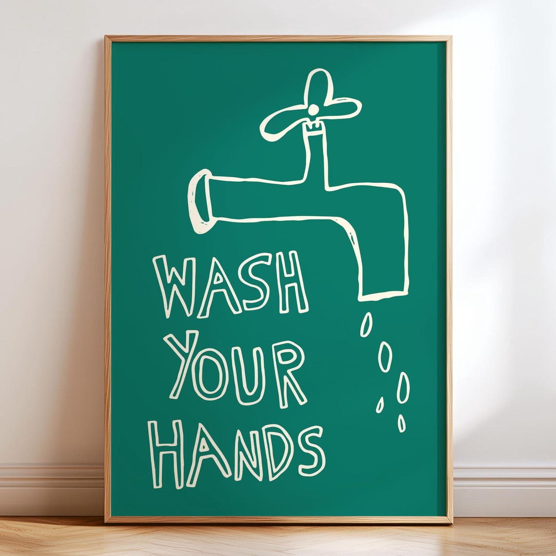 Wash Your Hands Funny Green Bathroom Doodle Faucet Art Print