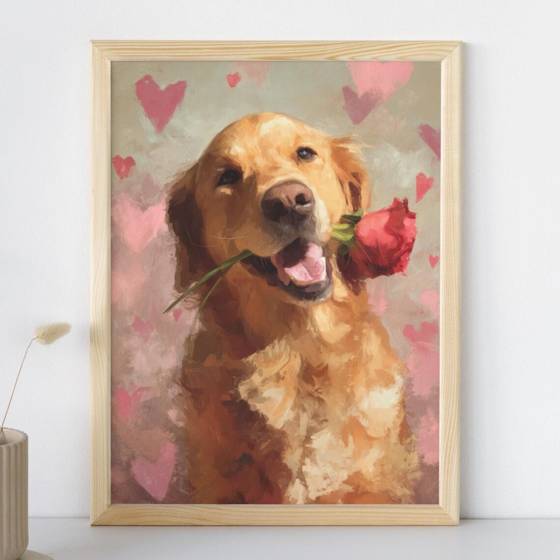Golden Retriever Valentines Day Art Print, Romantic Pet Portrait