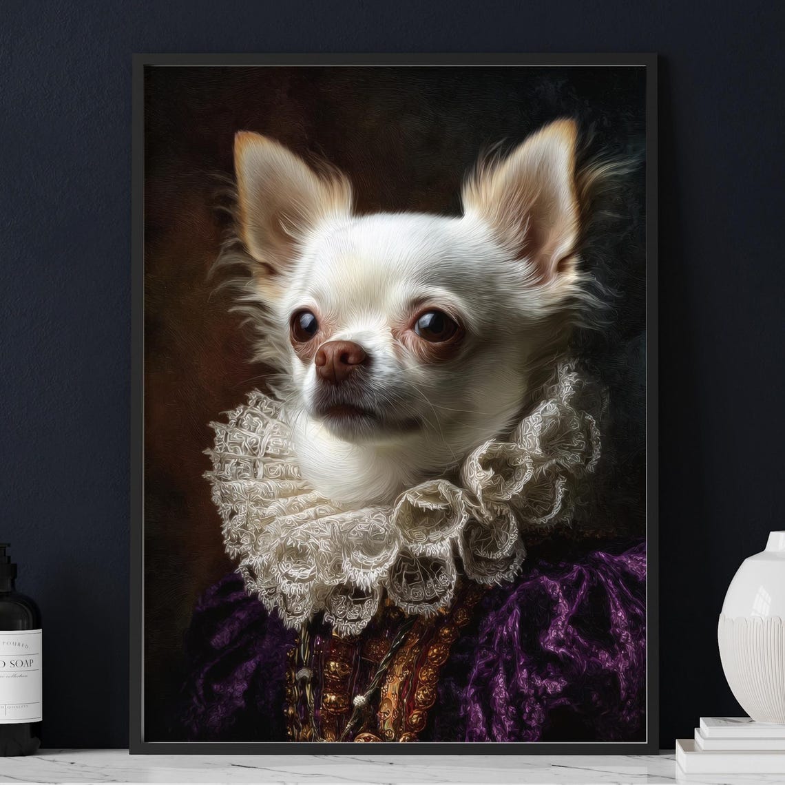White Chihuahua Royal Pet Portrait Elizabethan Dog Oil Painting Vintage Gallery Wall Art Lover Gift Regal Historical Print