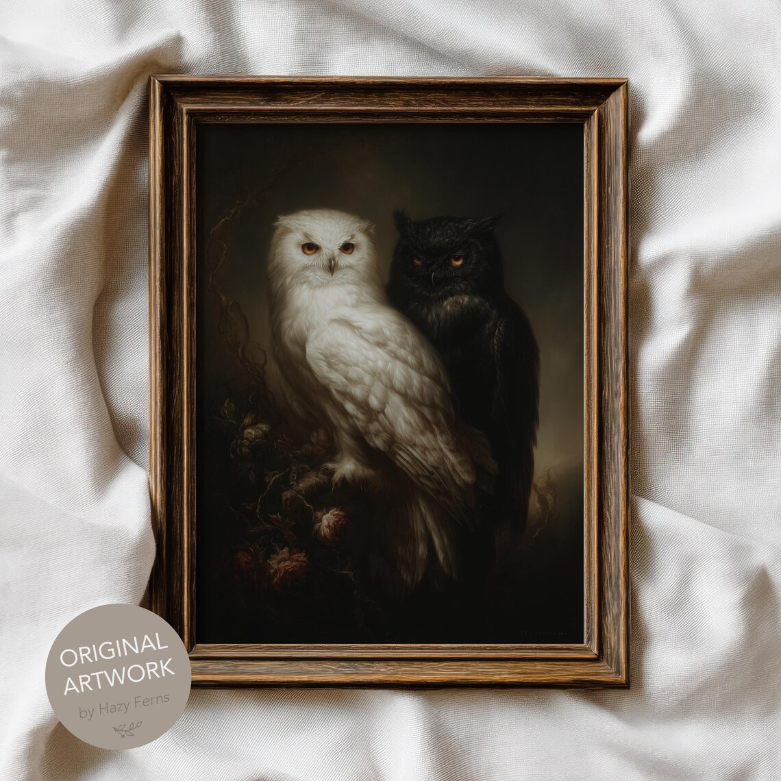 Two White and Black Owl Duo Gothic Romantic Oil Painting Print