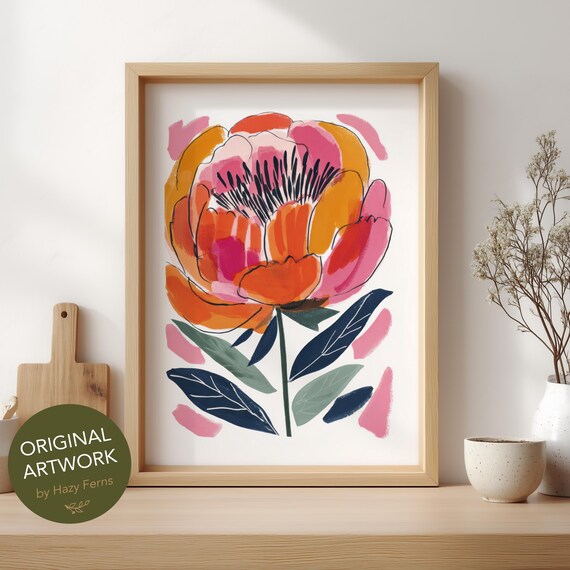 Modern Floral Art Print Colorful Gouache Peony Bright Botanical Wall Poster 30
