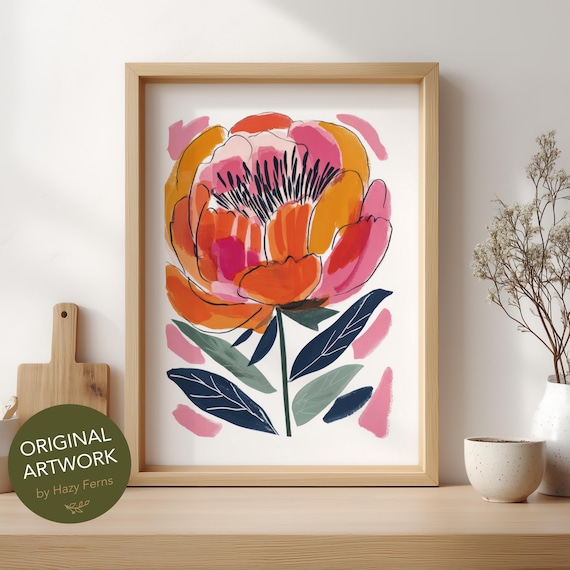 Modern Peony Colorful Gouache Style Bright Botanical Flower Poster